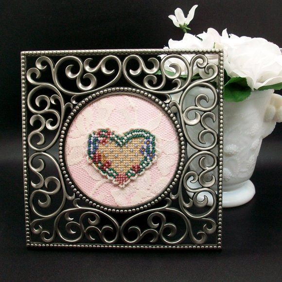 Framed Cross Stitch Beaded Heart on Vintage Lace - Picture 3 of 4